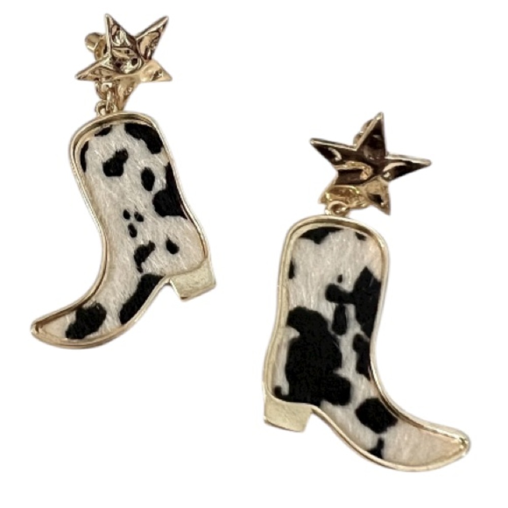 Cowgirl Boots Chic Cow Print Boot Earrings with Star Accents New without Tags